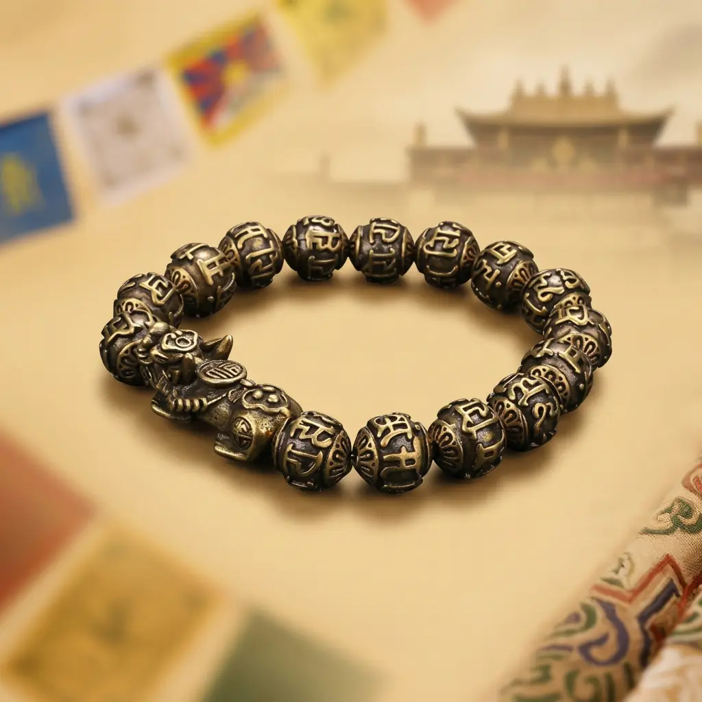 Copper Pixiu Mantra Bracelet with Tibetan Prayer Flags Copper Pixiu mantra bracelet displayed before Tibetan prayer flags and a Potala Palace backdrop