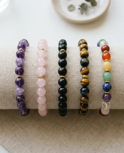 Crystal bracelets arranged by intention A row of beaded crystal bracelets in amethyst, rose quartz, black obsidian and tiger's eye on linen