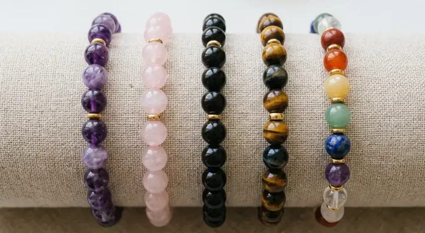 Crystal bracelets arranged by intention A row of beaded crystal bracelets in amethyst, rose quartz, black obsidian and tiger's eye on linen