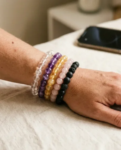 Crystal bracelets for angel numbers 111 to 999 Stacked healing crystal bracelets for angel numbers on a woman's wrist in soft natural light