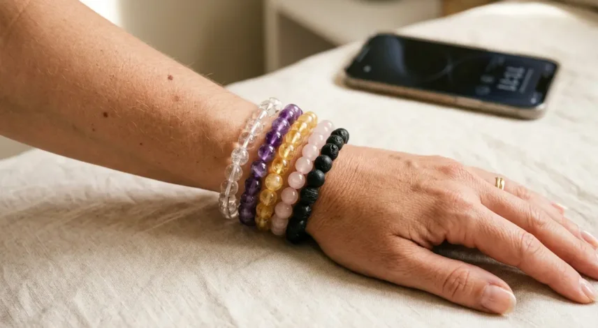 Crystal bracelets for angel numbers 111 to 999 Stacked healing crystal bracelets for angel numbers on a woman's wrist in soft natural light