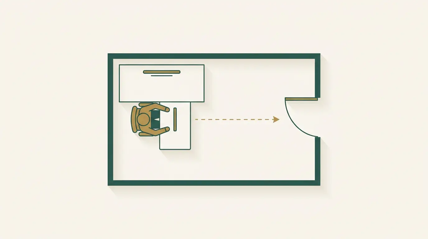 Overhead diagram of a desk placed in the commanding position, facing the door from across the room with a solid wall behind the chair