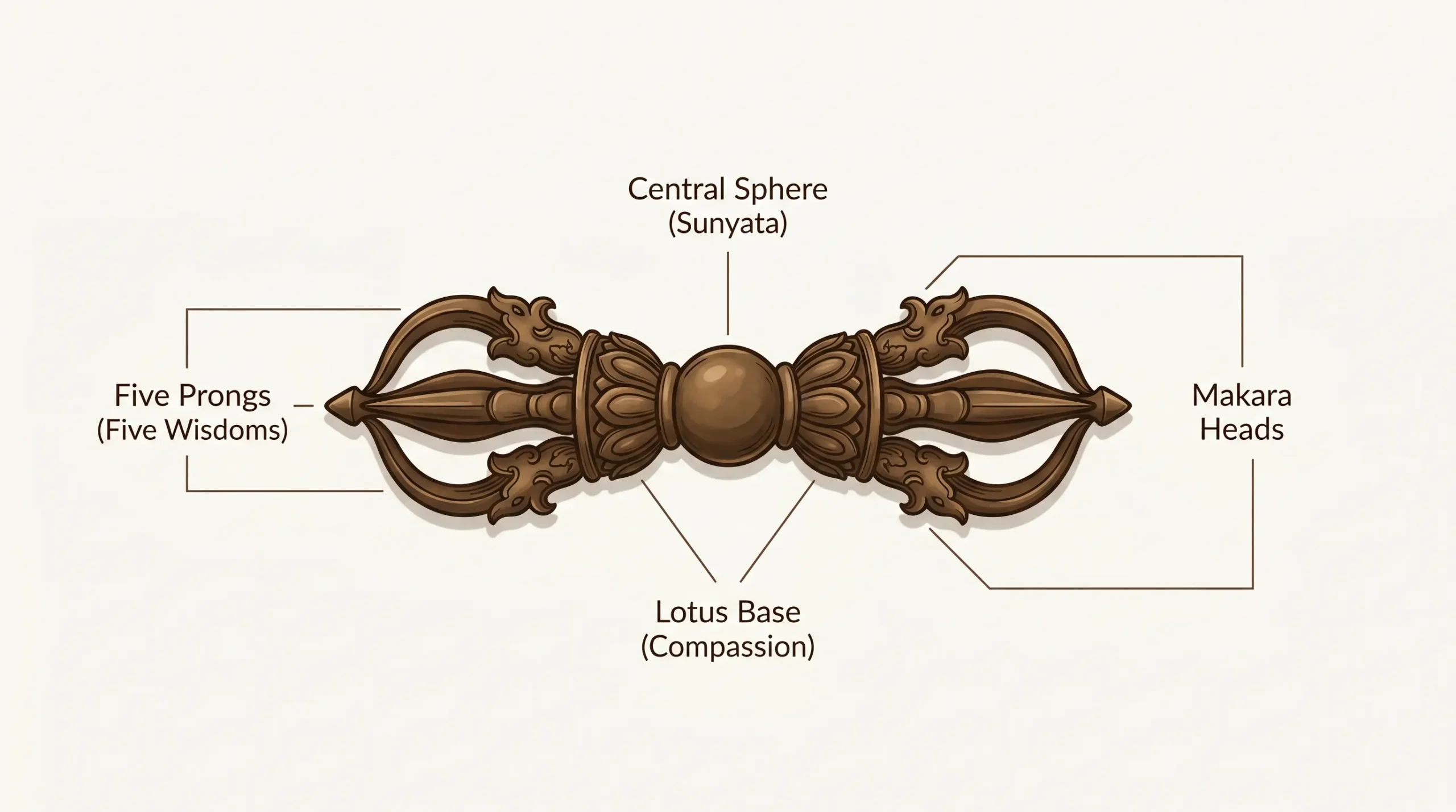 Diagram showing the anatomy of a dorje (vajra) with labeled parts: central sphere representing sunyata (emptiness), lotus bases │ │ │ symbolizing compassion, and five prongs representing the Five Dhyani Buddhas