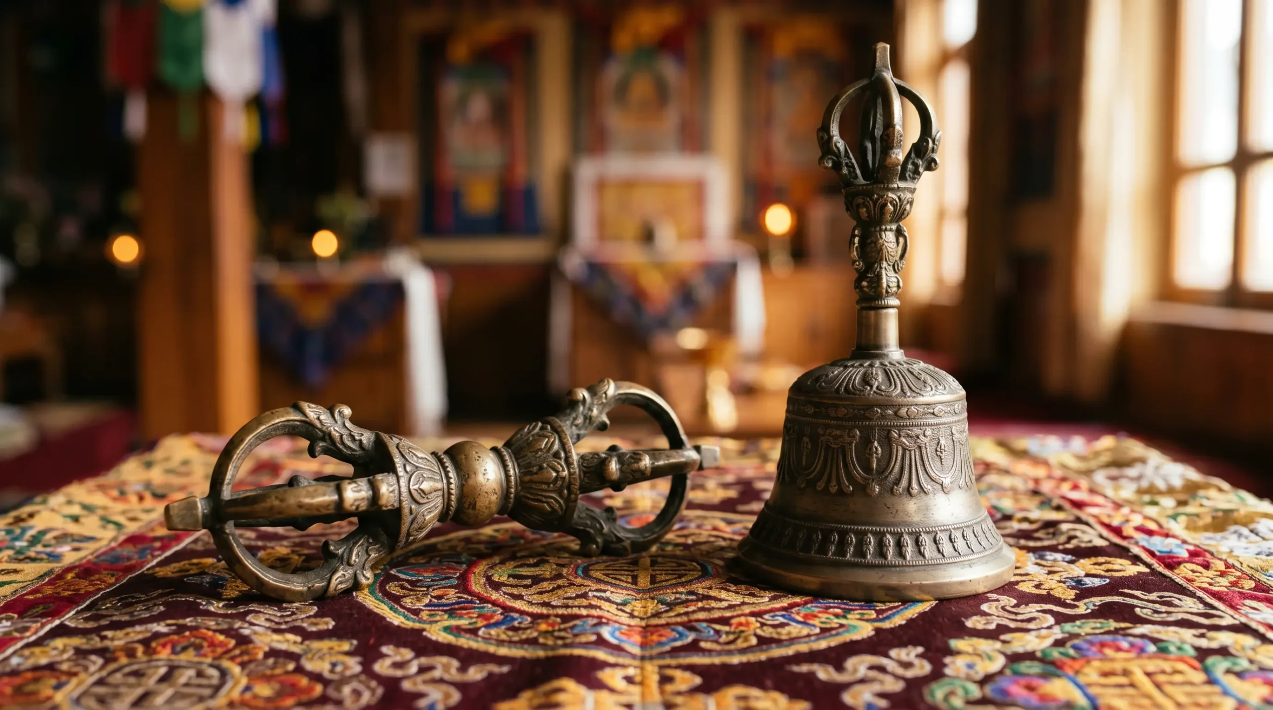 A matched set of dorje (vajra) and bell (ghanta) placed side by side on a monastery altar cloth — the dorje represents compassion │ │ │ while the bell embodies wisdom in Vajrayana Buddhist ritual