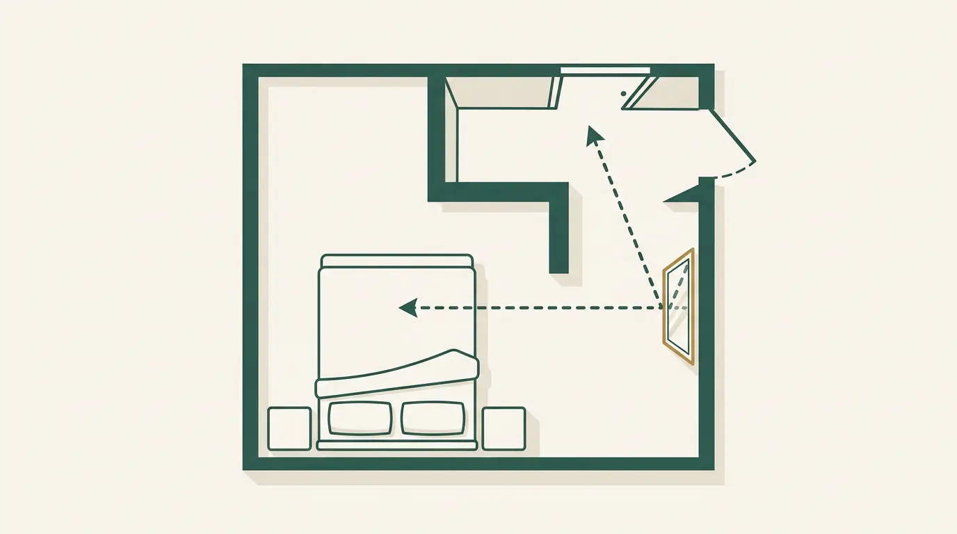 Floor plan showing a mirror angled to reflect the doorway as a feng shui remedy when the bed is not in the commanding position