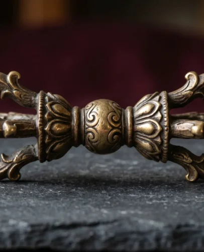 Five-Pronged Dorje Vajra Close-up A five-pronged dorje (vajra) ritual implement made of bronze, showing the central sphere, lotus bases, and five prongs on each │ │ │ end — the most common form used in Tibetan Buddhist ceremonies