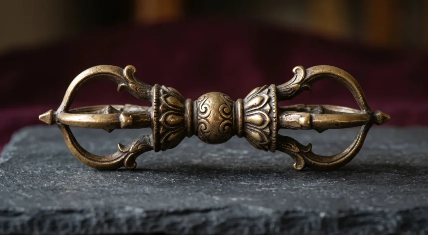Five-Pronged Dorje Vajra Close-up A five-pronged dorje (vajra) ritual implement made of bronze, showing the central sphere, lotus bases, and five prongs on each │ │ │ end — the most common form used in Tibetan Buddhist ceremonies