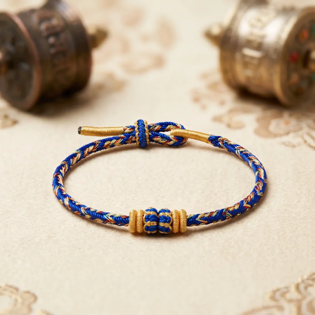 Flat Lay Blue Tibetan Bracelet - Handmade Buddhist Jewelry with Gold Accents Flat Lay Blue Tibetan Bracelet Handmade Buddhist Jewelry with Gold Accents