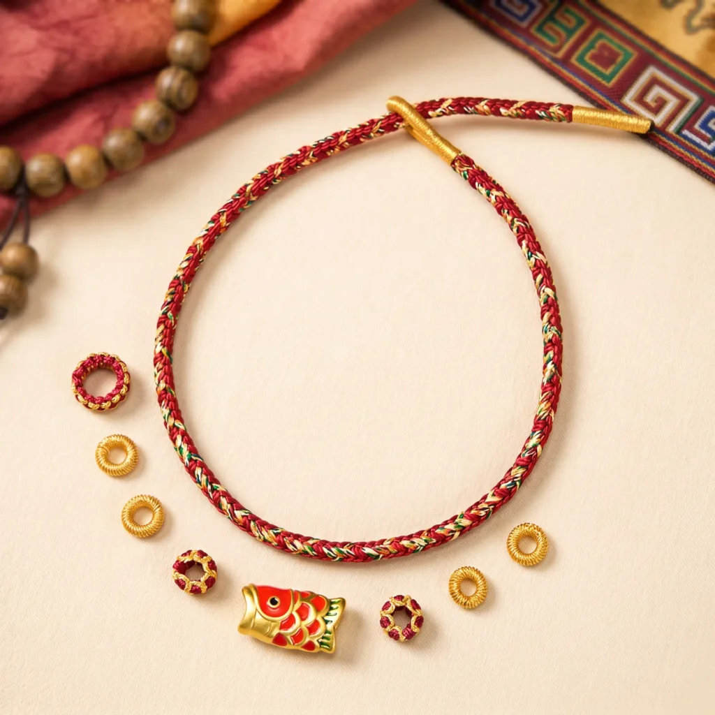 Flat Lay Tibetan Bracelet Parts Red Gold - Fish Charm DIY Jewelry Kit Flat Lay Tibetan Bracelet Parts Red Gold Fish Charm DIY Jewelry Kit