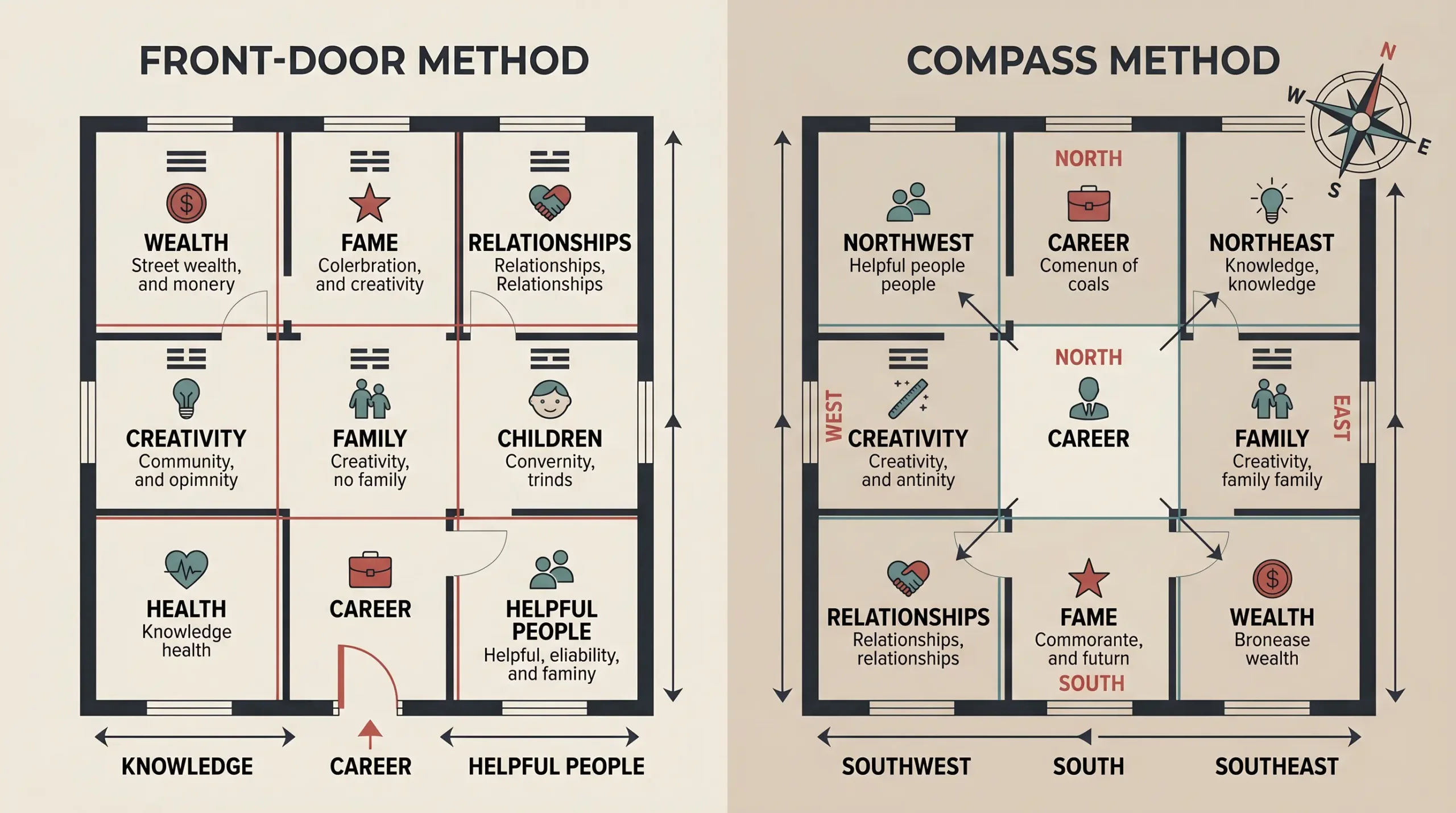 Side-by-side floor plans comparing the Western front-door bagua method with the traditional compass feng shui method.