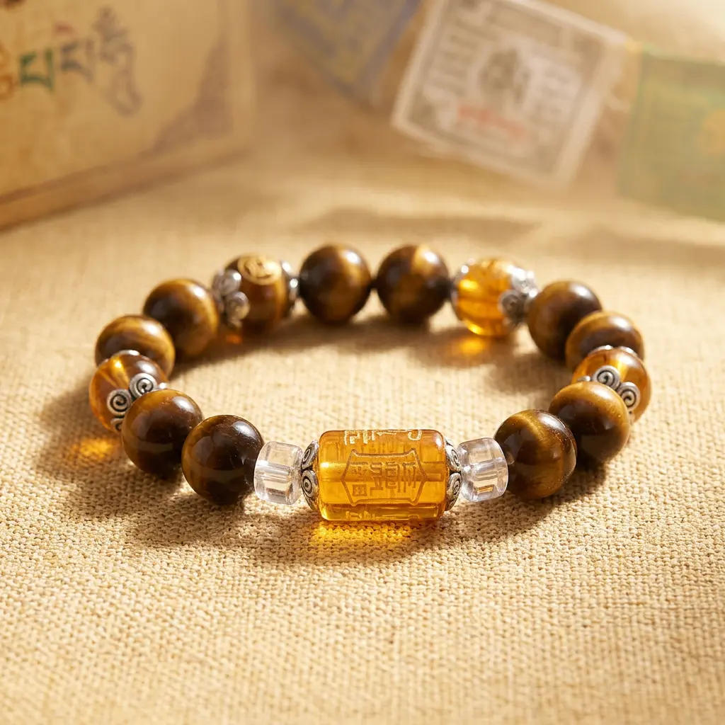 Genuine Tiger Eye Fortune Bracelet with Tibetan Mantra Genuine tiger eye fortune bracelet with golden mantra barrel bead and silver spacers, resting beside Tibetan scripture pages.