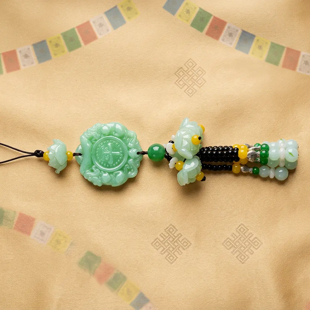 Green Jade Pixiu Car Charm Flat Lay with Endless Knot Flat lay of green jade Pixiu lotus car charm laid out full length on fabric printed with Tibetan endless knot symbols