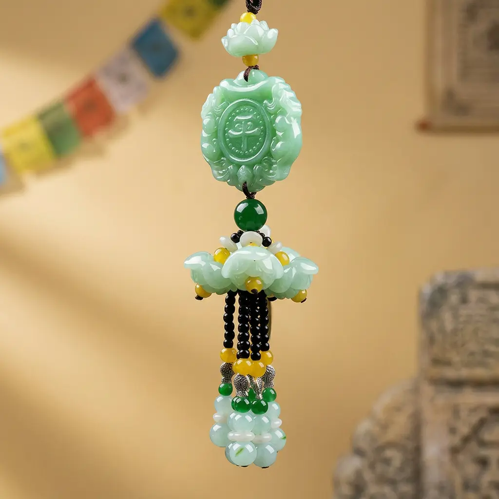 Green Jade Pixiu Car Charm Hanging with Tibetan Prayer Flags Side view of green Hetian jade Pixiu car charm with carved lotus flowers and black, gold and green bead tassel