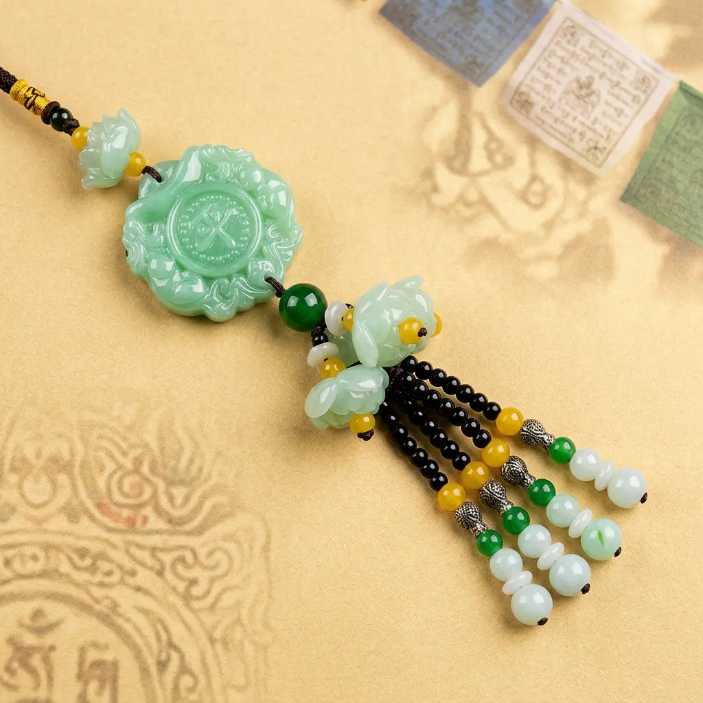 Green Jade Pixiu Car Charm Top View on Tibetan Scripture Top-down view of green jade Pixiu car charm showing carved coin medallion, twin jade lotus blossoms and tasseled jade beads