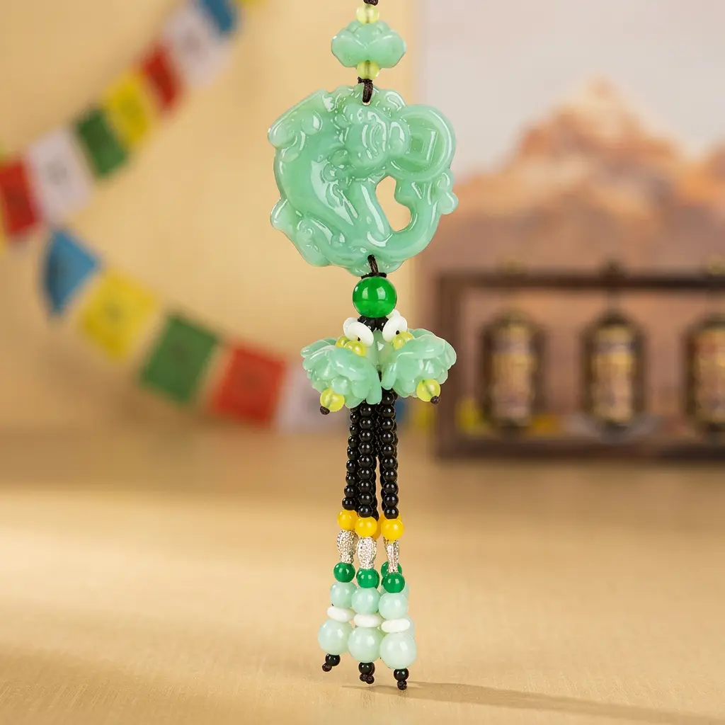 Green Jade Pixiu Car Charm in Tibetan Prayer Wheel Setting Green jade Pixiu car hanging charm displayed in a Tibetan scene with prayer flags, prayer wheels and a mountain backdrop