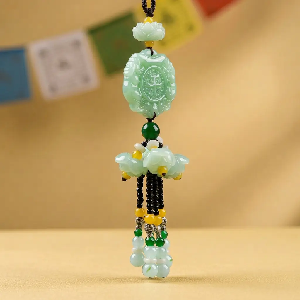 Green Jade Pixiu Lotus Car Charm Side View Green jade Pixiu and lotus car hanging charm with beaded tassel, hung against a Tibetan prayer flag backdrop by PotalaStore