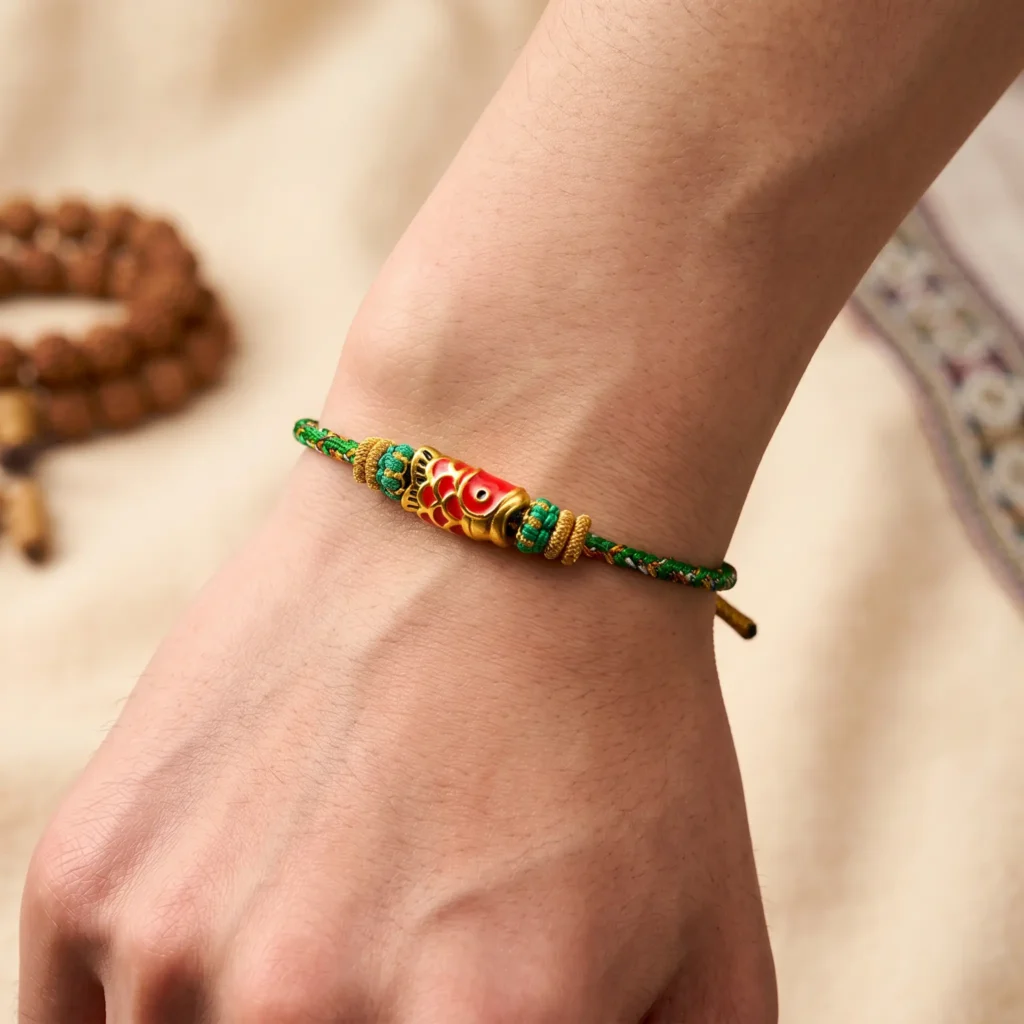 Handmade Tibetan Lucky Fish Bracelet on Wrist - Green Braided Cord Adjustable Handmade Tibetan Lucky Fish Bracelet on Wrist Green Braided Cord Adjustable
