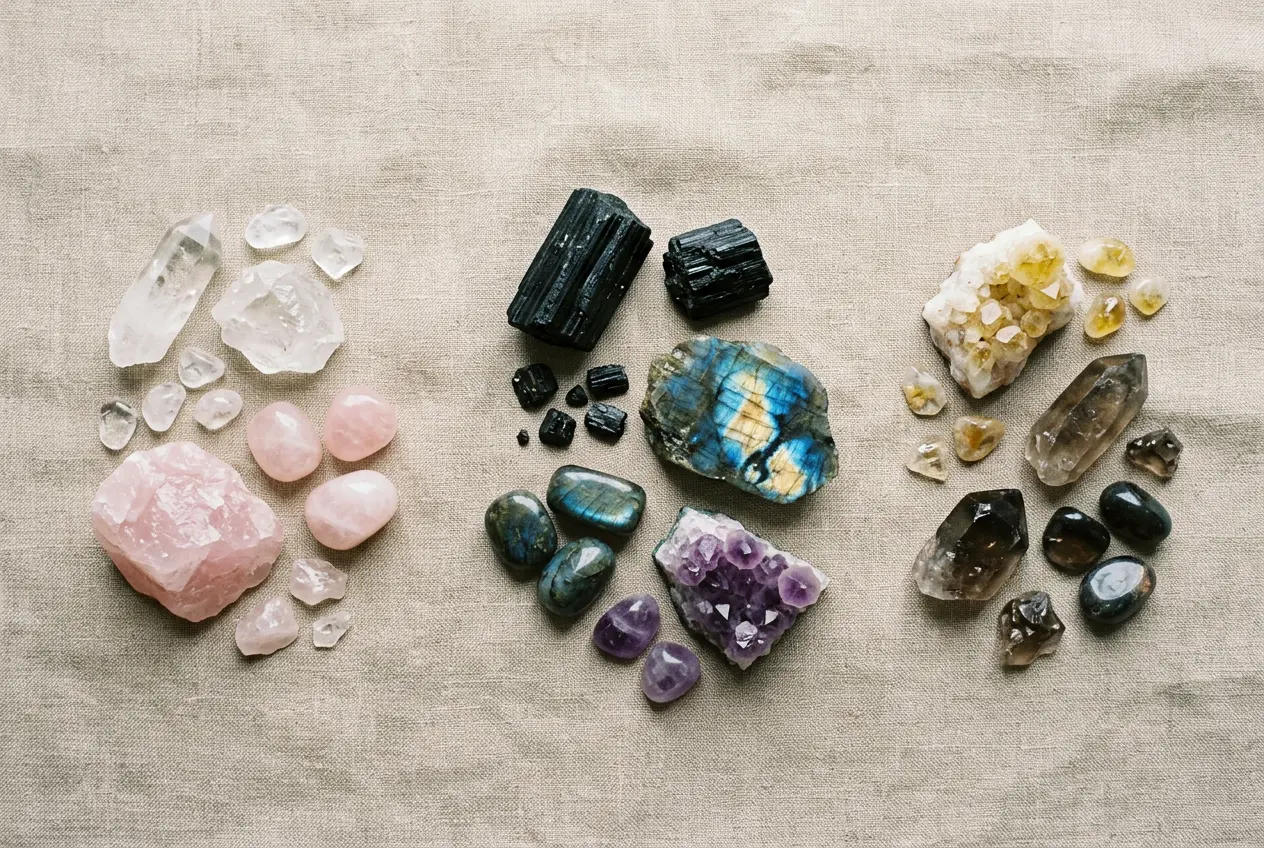 Flat lay of clear quartz, rose quartz, black tourmaline, labradorite, amethyst and citrine for angel numbers