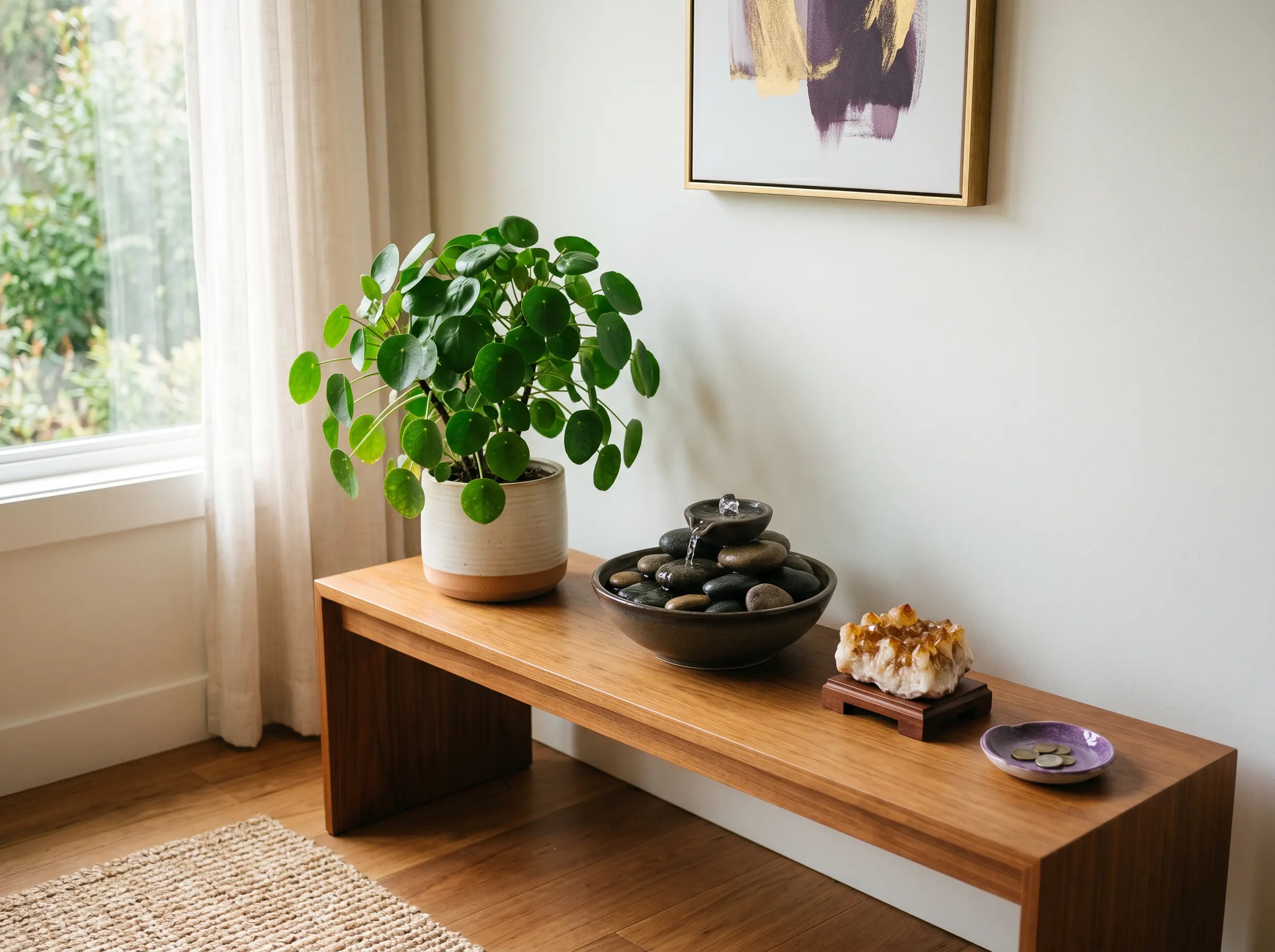 A bright feng shui wealth corner styled with a healthy green plant, citrine crystal, flowing water, and purple and gold accents.