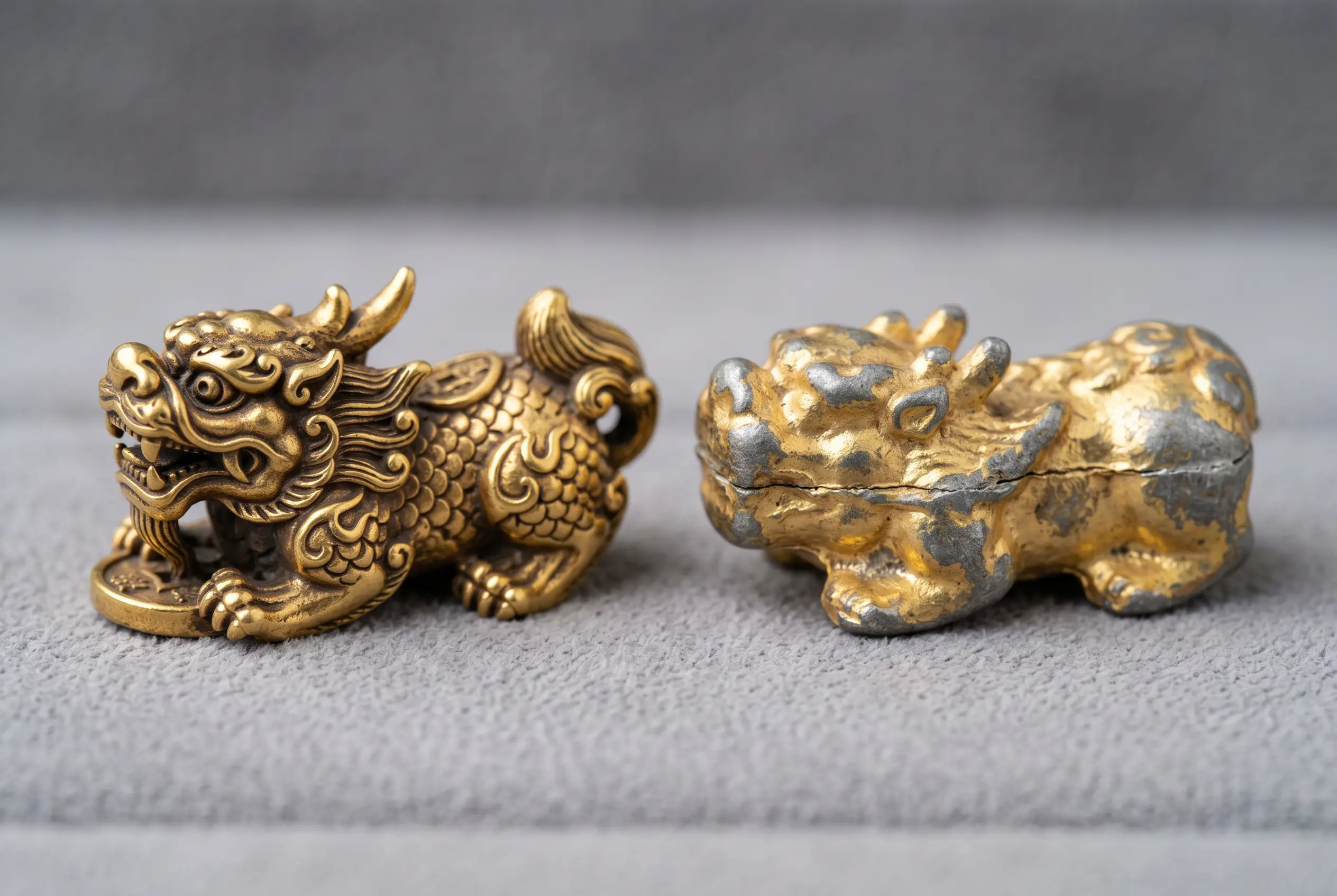 Close-up of a hand-carved Pixiu charm showing crisp detail next to a blurry mass-produced fake with a visible mold line