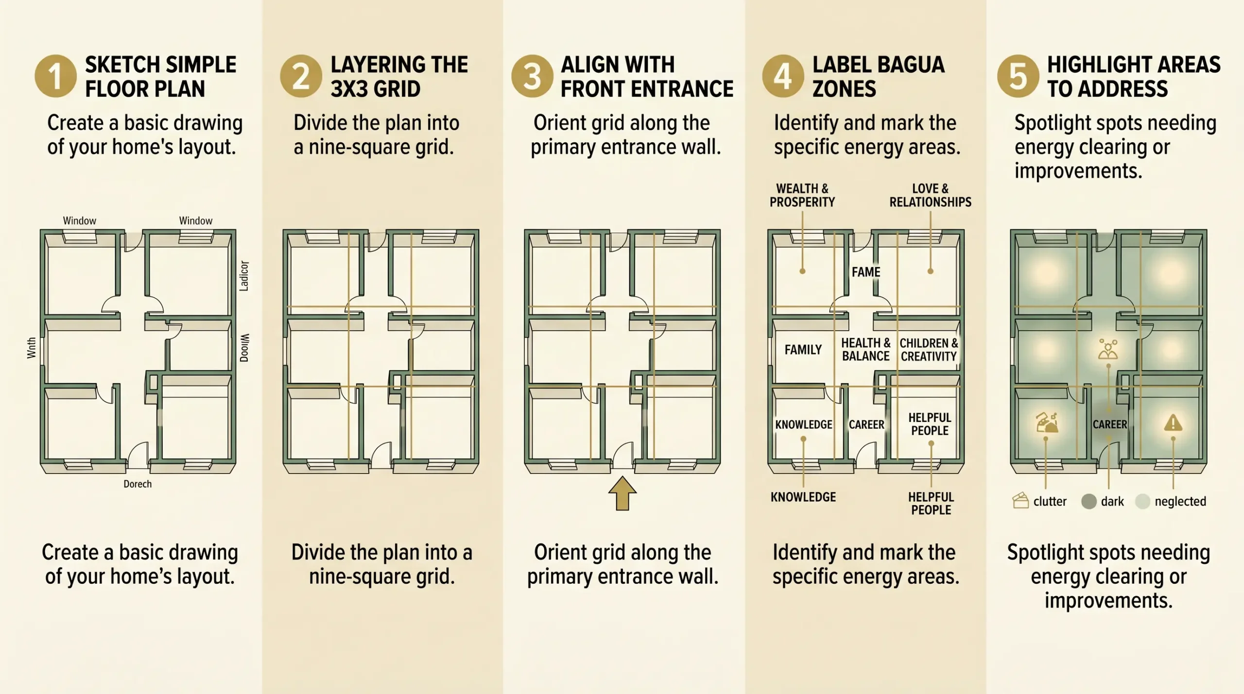 Five-step diagram showing how to divide a home floor plan into a 3×3 bagua grid aligned with the front door.