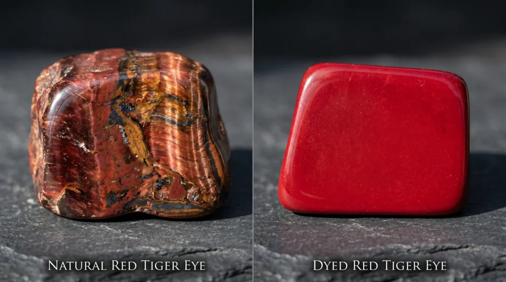 Close-up comparison of authentic red tiger eye with natural banding beside an overly uniform dyed stone