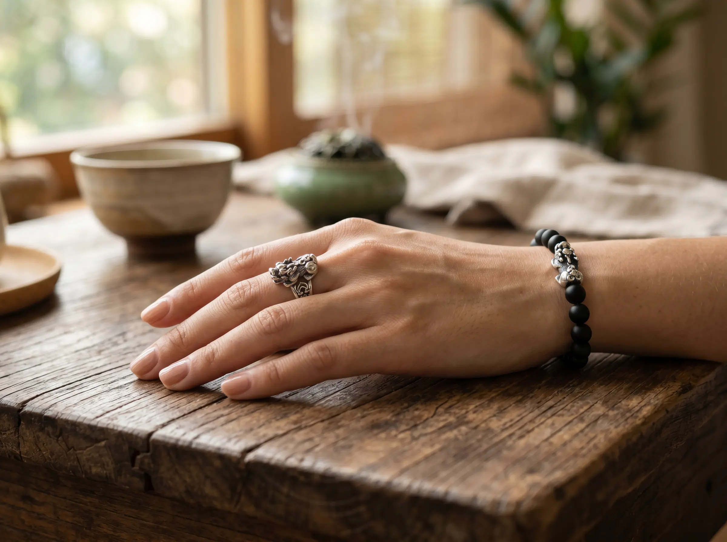 Close-up of a left hand wearing a Pixiu ring on the middle finger and a Pixiu bracelet on the wrist, both with Pixiu heads facing outward toward the pinky finger