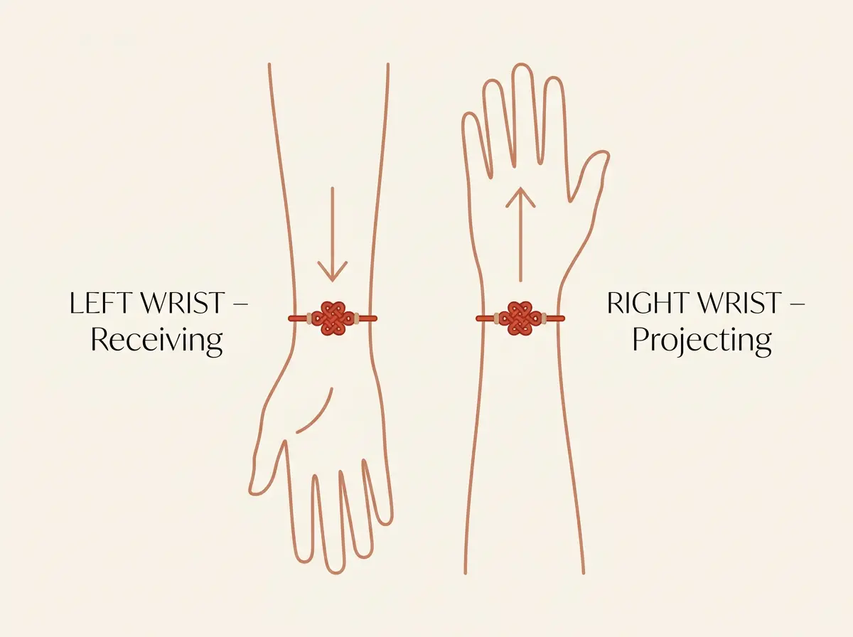 Diagram showing a Tibetan bracelet on the left wrist to receive energy and the right wrist to project energy
