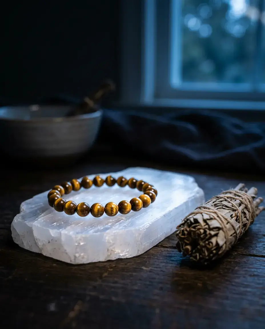 Tiger eye bracelet resting on a selenite plate under moonlight for gentle energy cleansing