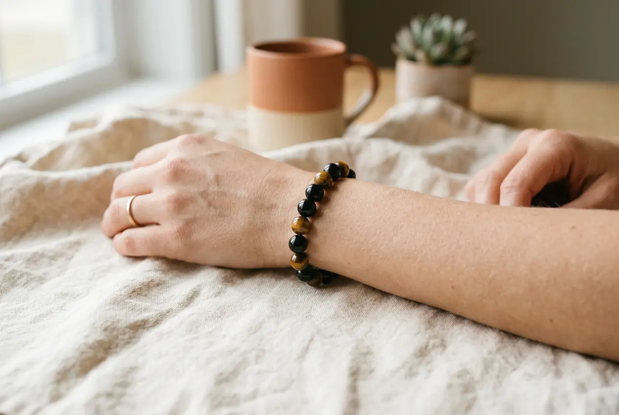 Left wrist wearing a black tourmaline and tiger's eye beaded bracelet for grounding