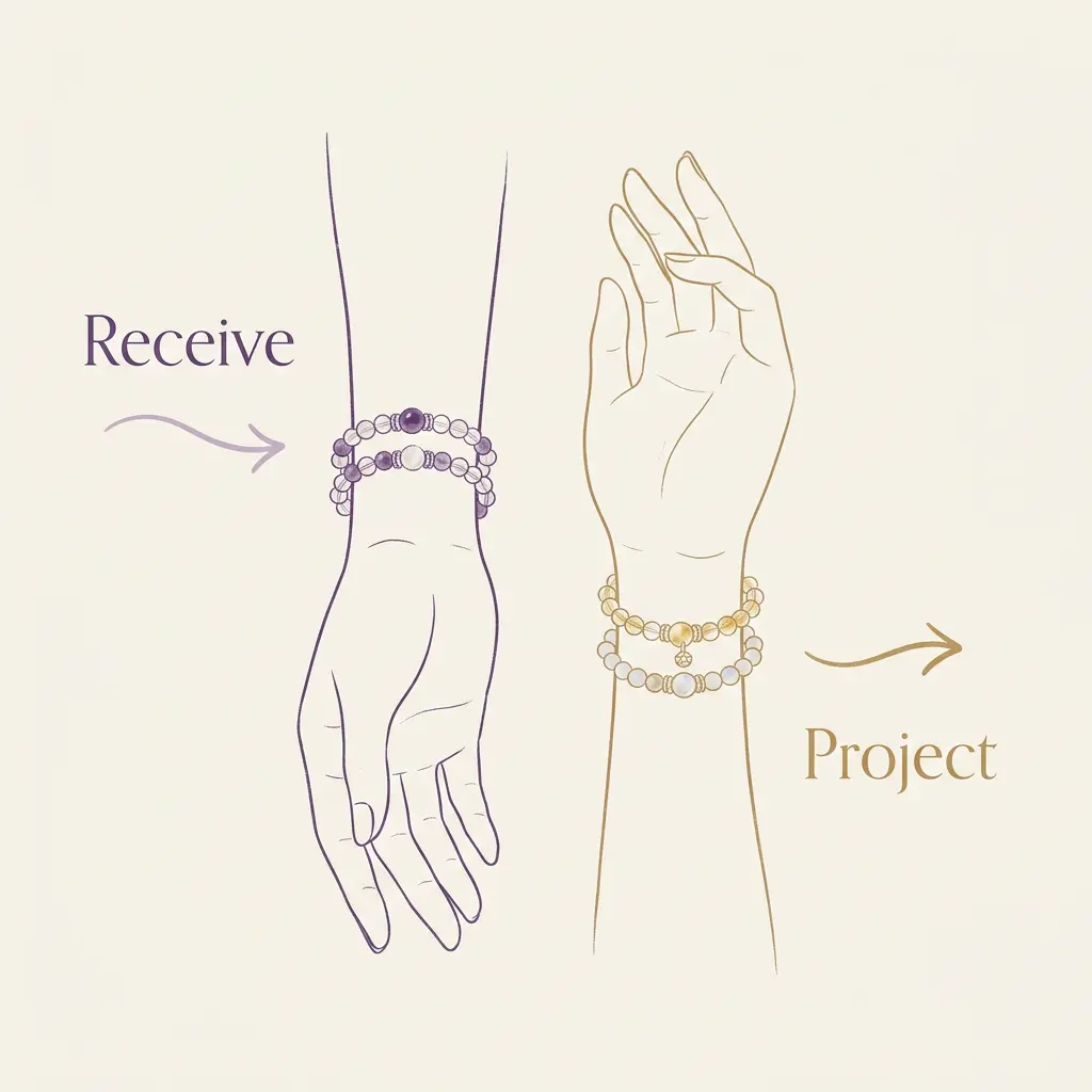 Diagram showing left wrist to receive and right wrist to project crystal bracelet energy