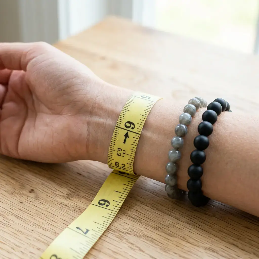 A soft measuring tape around a wrist showing inches, beside 8mm and 10mm beaded bracelets