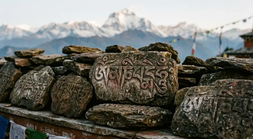 Om Mani Padme Hum Mantra Carved in Tibetan Script Om Mani Padme Hum mantra carved in Tibetan script on weathered mani stones in the Himalayas