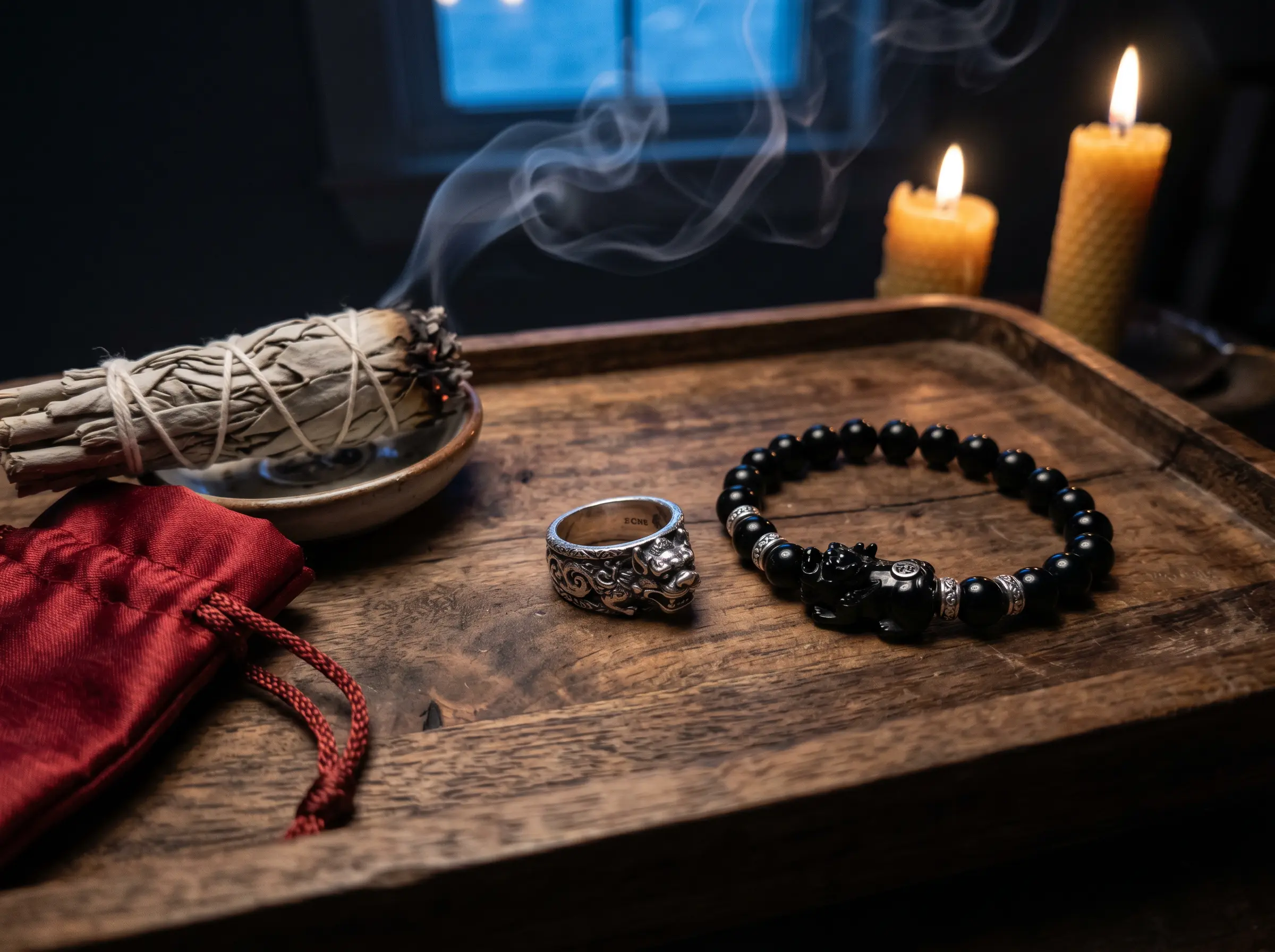 A Pixiu ring and bracelet being cleansed under moonlight next to a sage smudge stick and a small red storage pouch on a wooden surface