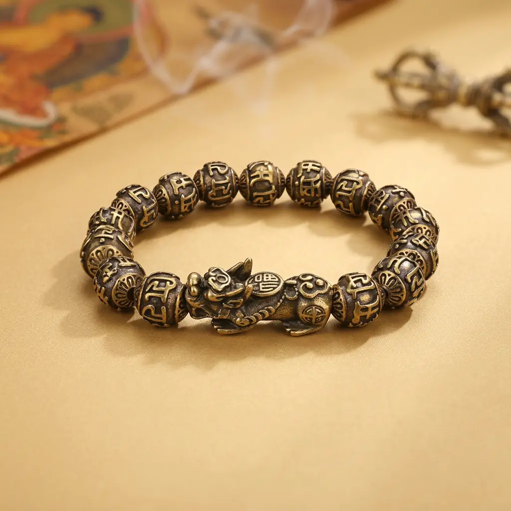 Pixiu Mantra Bracelet with Thangka and Vajra Copper Pixiu Feng Shui bracelet with a Tibetan thangka, vajra and incense smoke in the background