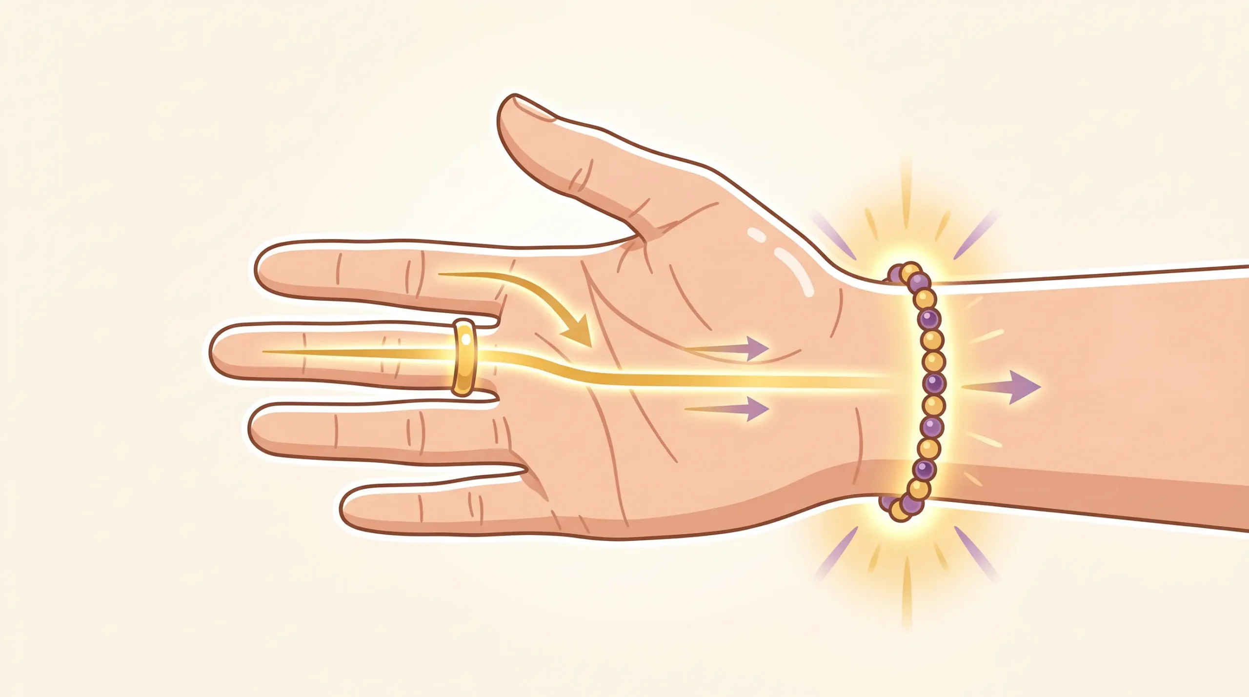 Infographic showing how a Pixiu ring connects to the palm money line through the middle finger while a Pixiu bracelet absorbs chi through the wrist meridian points