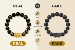 Real vs fake Pixiu bracelet comparison chart showing light, temperature, hardness, and price differences
