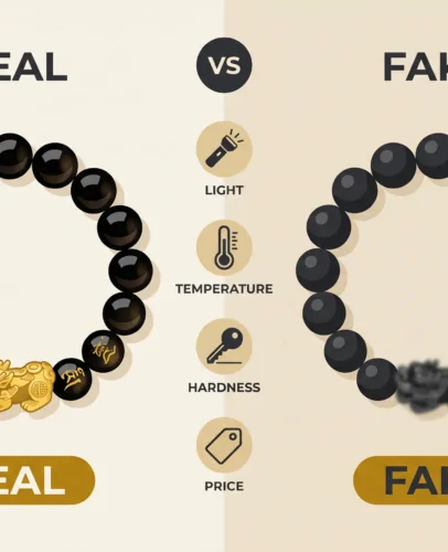 Real vs Fake Pixiu Bracelet Comparison Chart Real vs fake Pixiu bracelet comparison chart showing light, temperature, hardness, and price differences