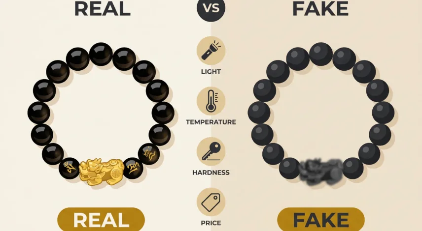 Real vs Fake Pixiu Bracelet Comparison Chart Real vs fake Pixiu bracelet comparison chart showing light, temperature, hardness, and price differences