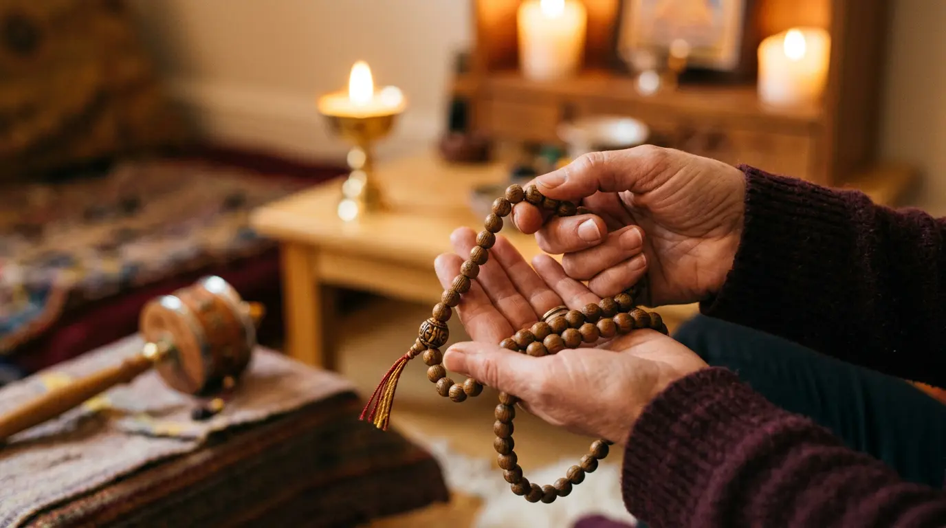 Hands holding a 108-bead mala while reciting the Om Mani Padme Hum mantra during meditation