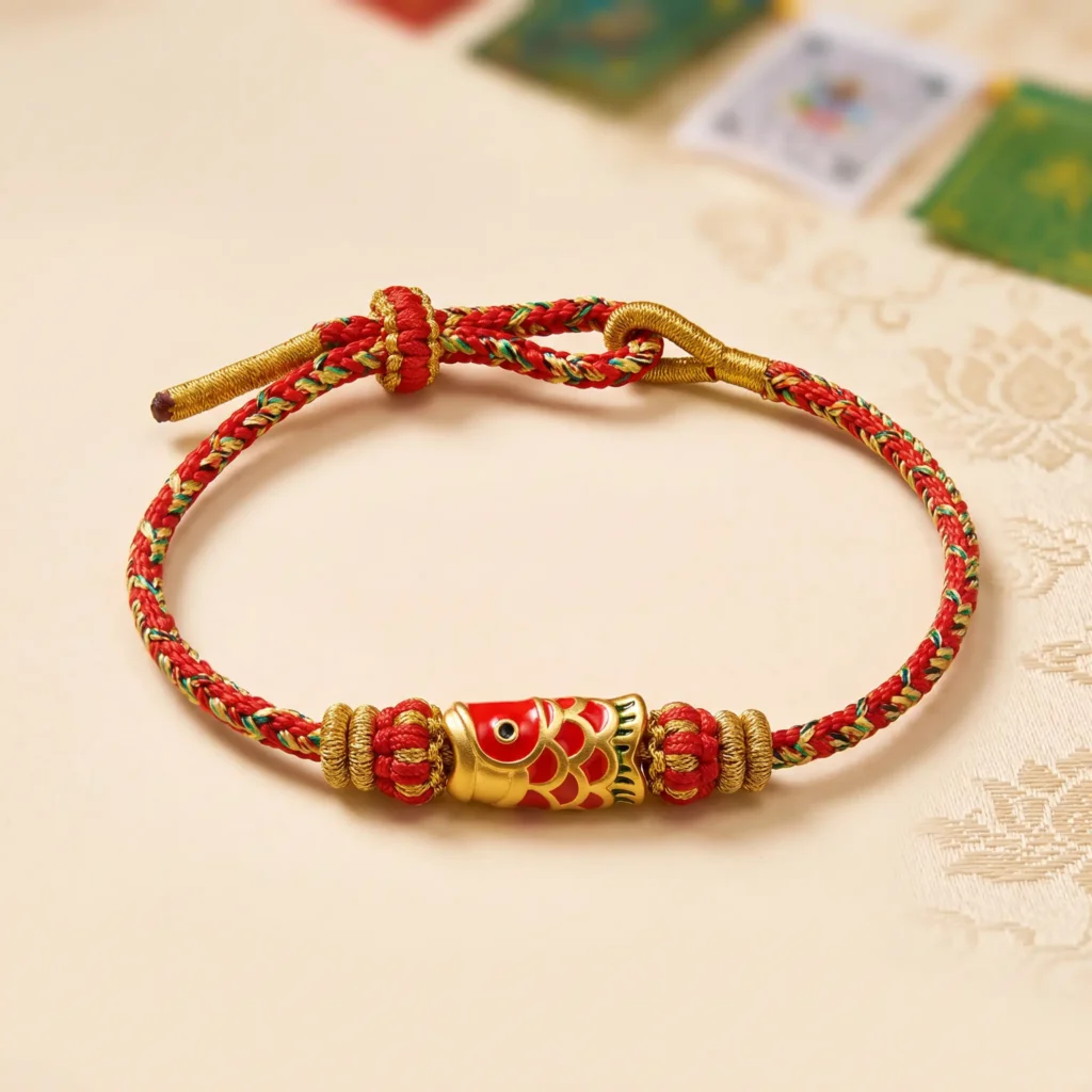 Red Gold Tibetan Fish Bracelet Flat Lay - Handmade Buddhist Charm Jewelry Red Gold Tibetan Fish Bracelet Flat Lay Handmade Buddhist Charm Jewelry