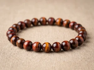 Polished red tiger eye bracelet with reddish-brown bands and golden cat's eye shimmer on neutral background