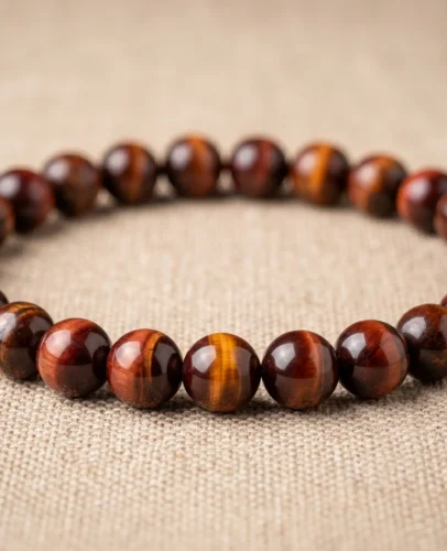 Red Tiger Eye Bracelet Showing Natural Chatoyancy Polished red tiger eye bracelet with reddish-brown bands and golden cat's eye shimmer on neutral background