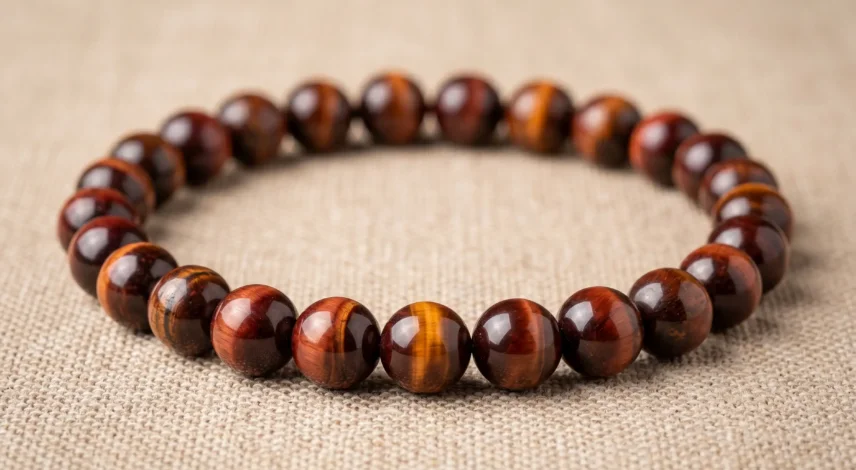Red Tiger Eye Bracelet Showing Natural Chatoyancy Polished red tiger eye bracelet with reddish-brown bands and golden cat's eye shimmer on neutral background