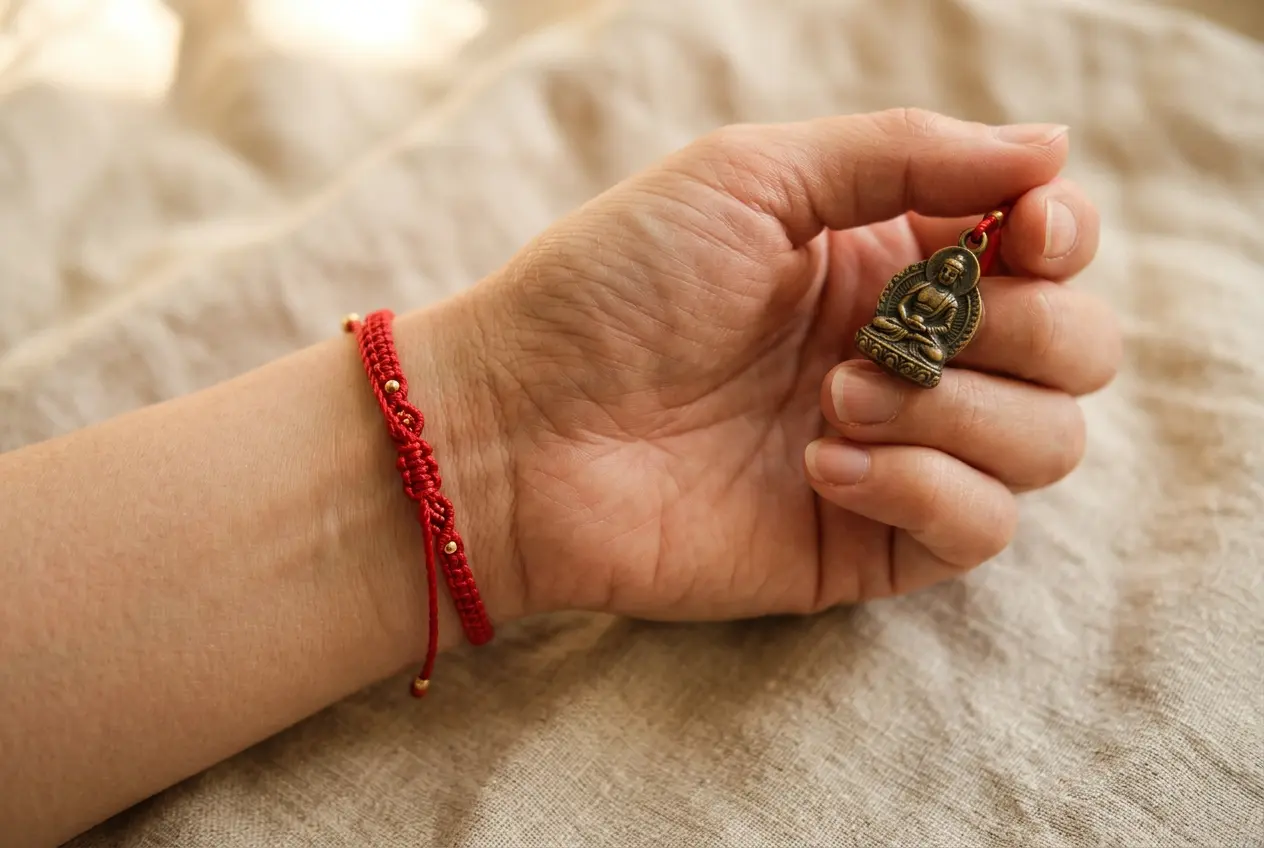 Wrist wearing a red string protection bracelet beside a Guardian Buddha pendant, worn during Ben Ming Nian in the Year of the Horse