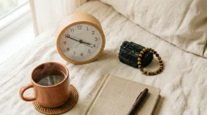 Clock showing 4:44 beside black tourmaline and tiger's eye crystals on warm linen