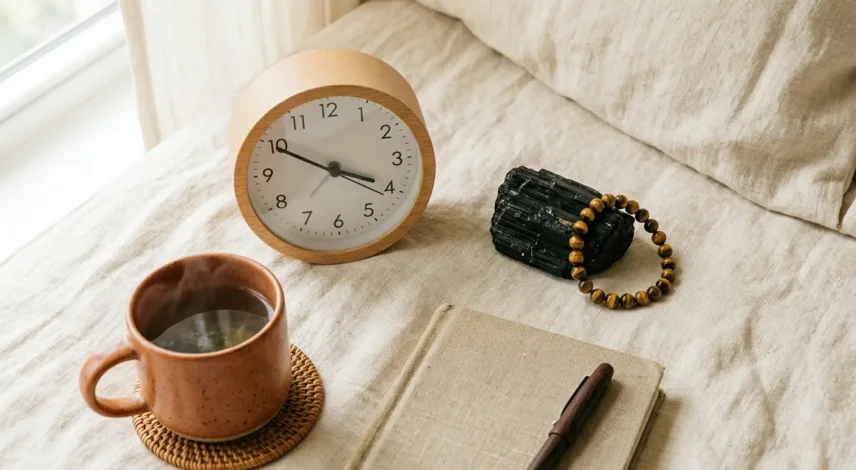 Seeing 4_44 — the 444 angel number and grounding crystals (2) Clock showing 4:44 beside black tourmaline and tiger's eye crystals on warm linen