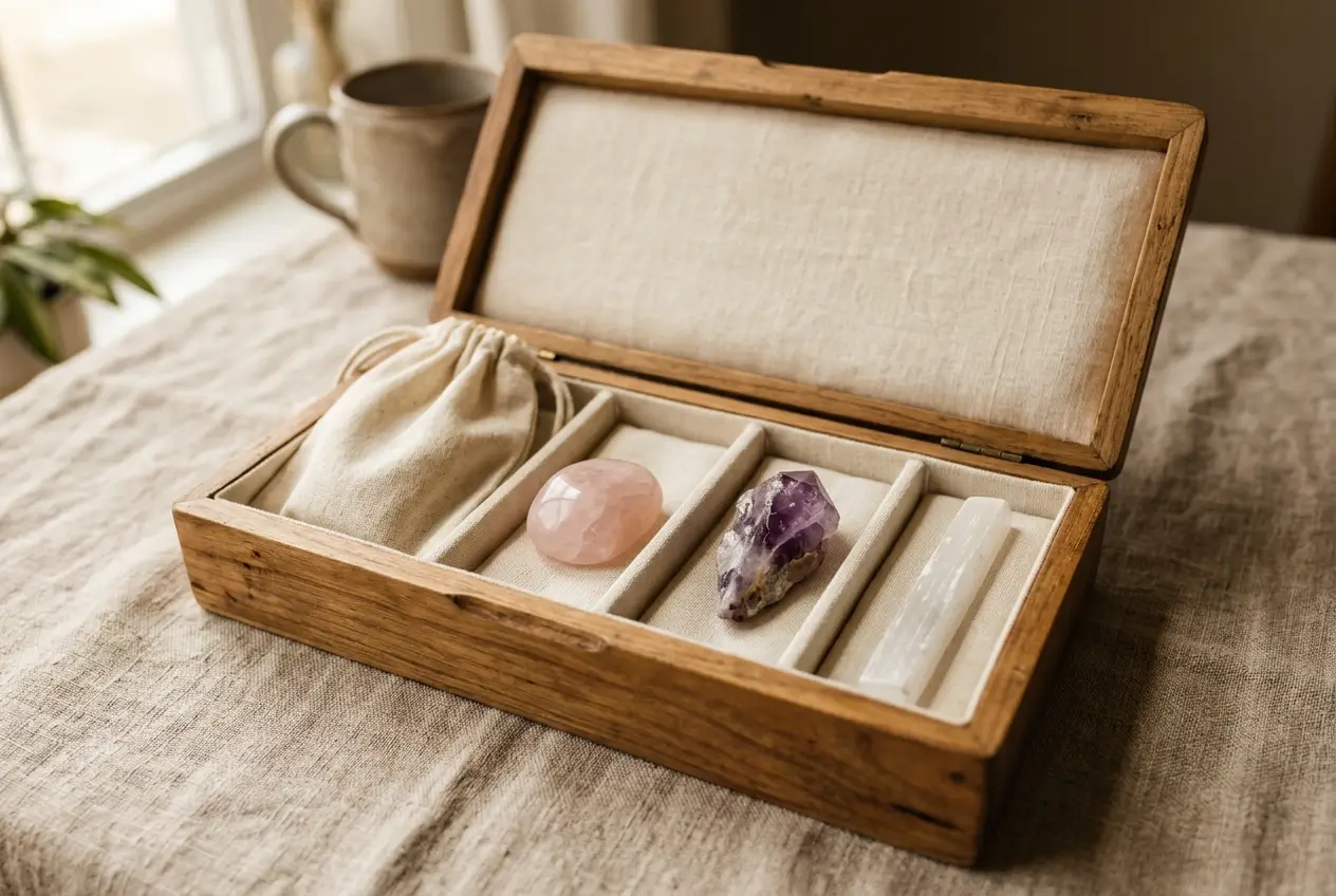 Crystals wrapped in soft cloth and arranged in compartments of a fabric-lined wooden box to prevent scratching during storage.