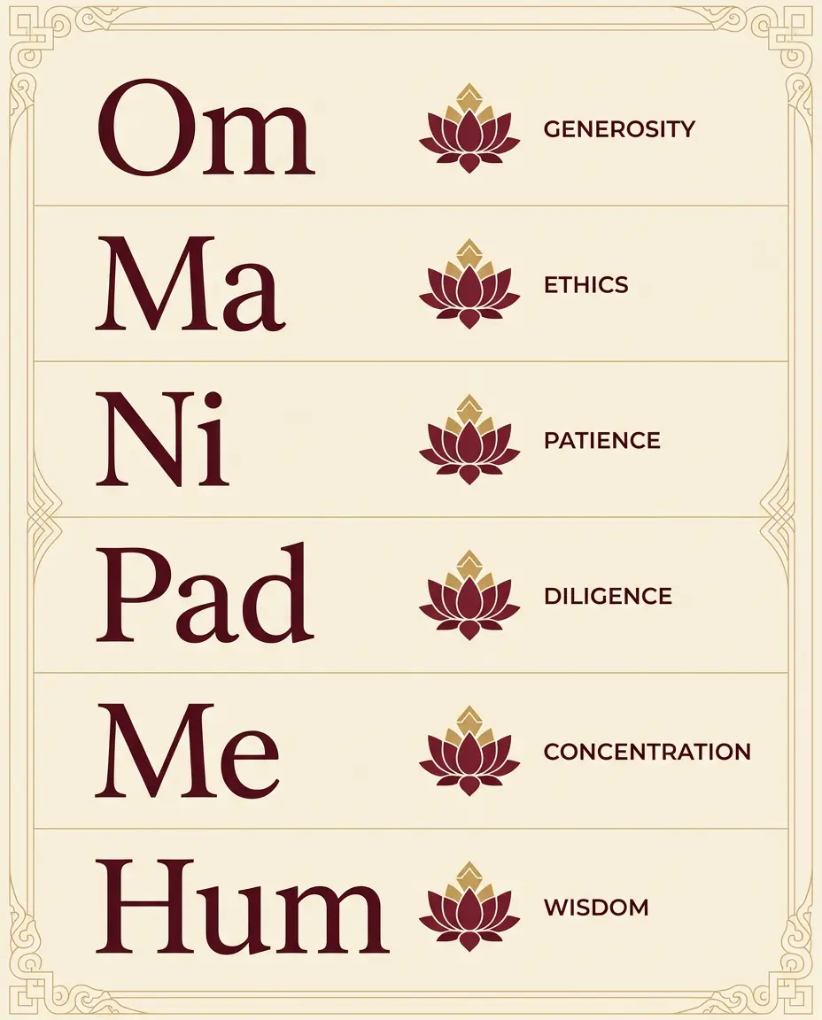 Infographic explaining the six syllables of Om Mani Padme Hum and the perfection each one cultivates