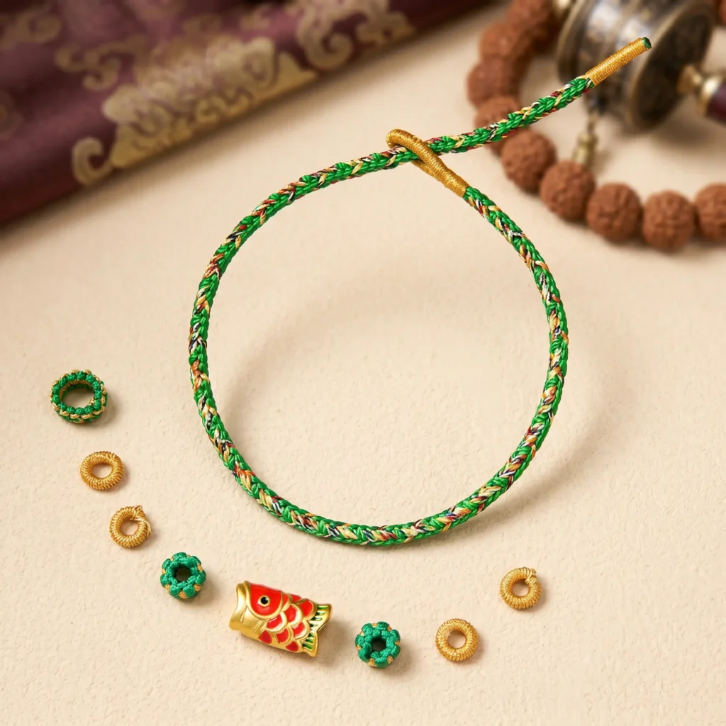 Tibetan Bracelet DIY Components Set - Fish Charm Beads and Green Cord Kit Tibetan Bracelet DIY Components Set Fish Charm Beads and Green Cord Kit